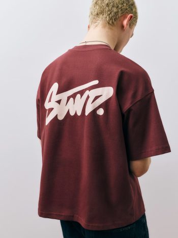 Pull&Bear T-Shirt 'STWD' in Burgundy